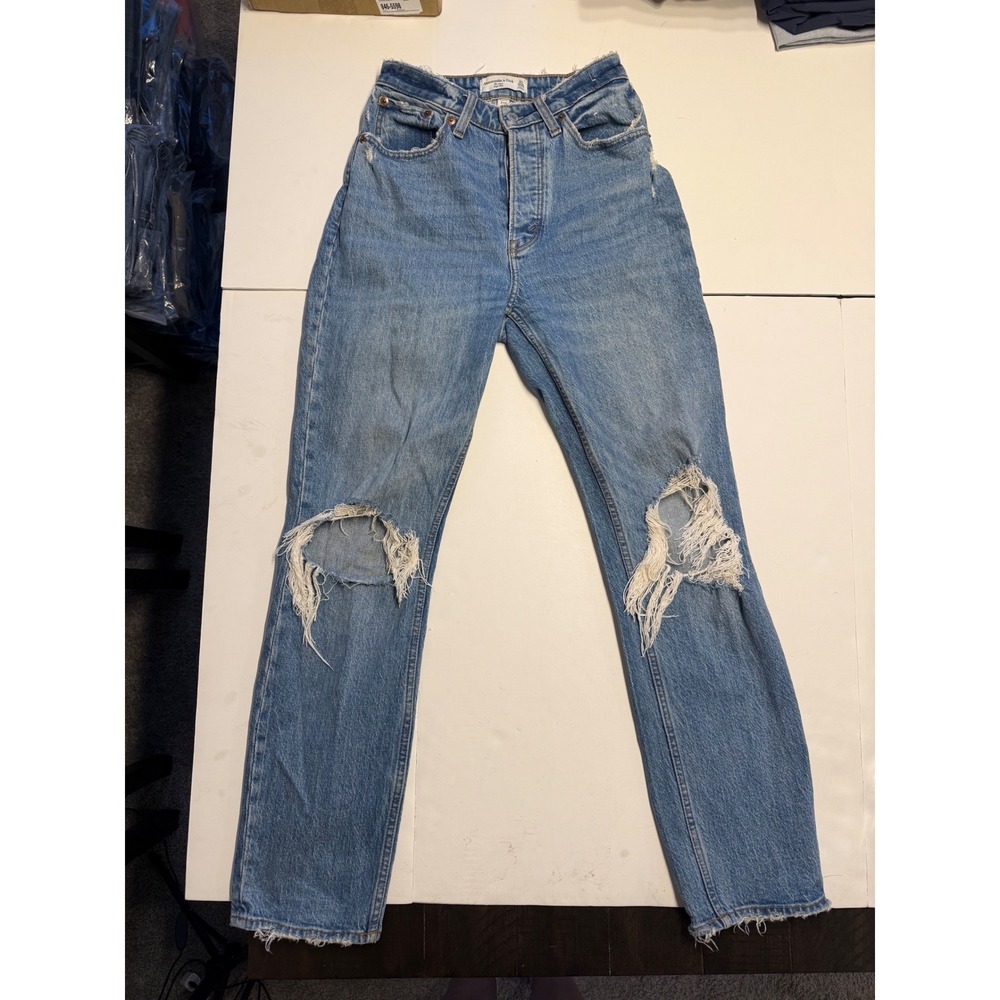 Abercrombie & Fitch Curve Love The Dad High Rise Distressed Jeans Blue 23 000R